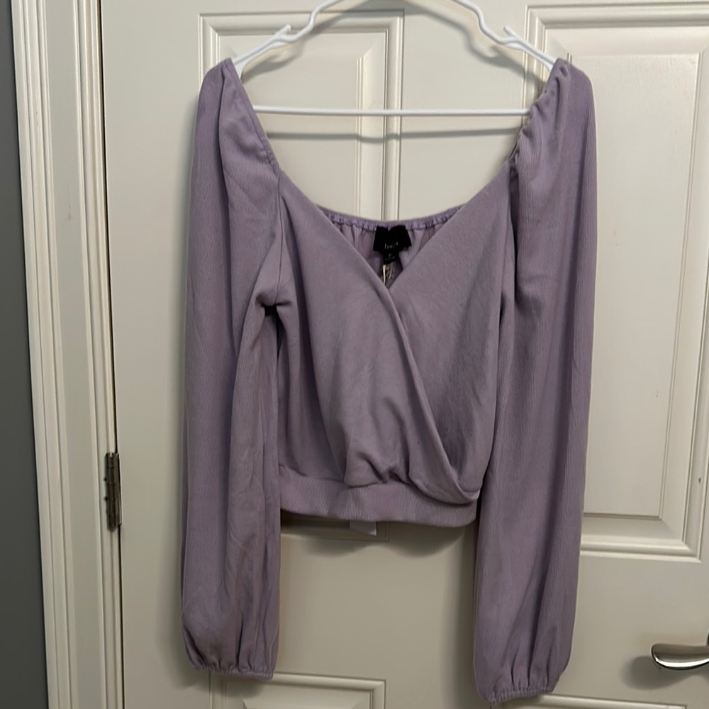 Lumiere Purple Wrap Fitted Off-the-Shoulder Sweater